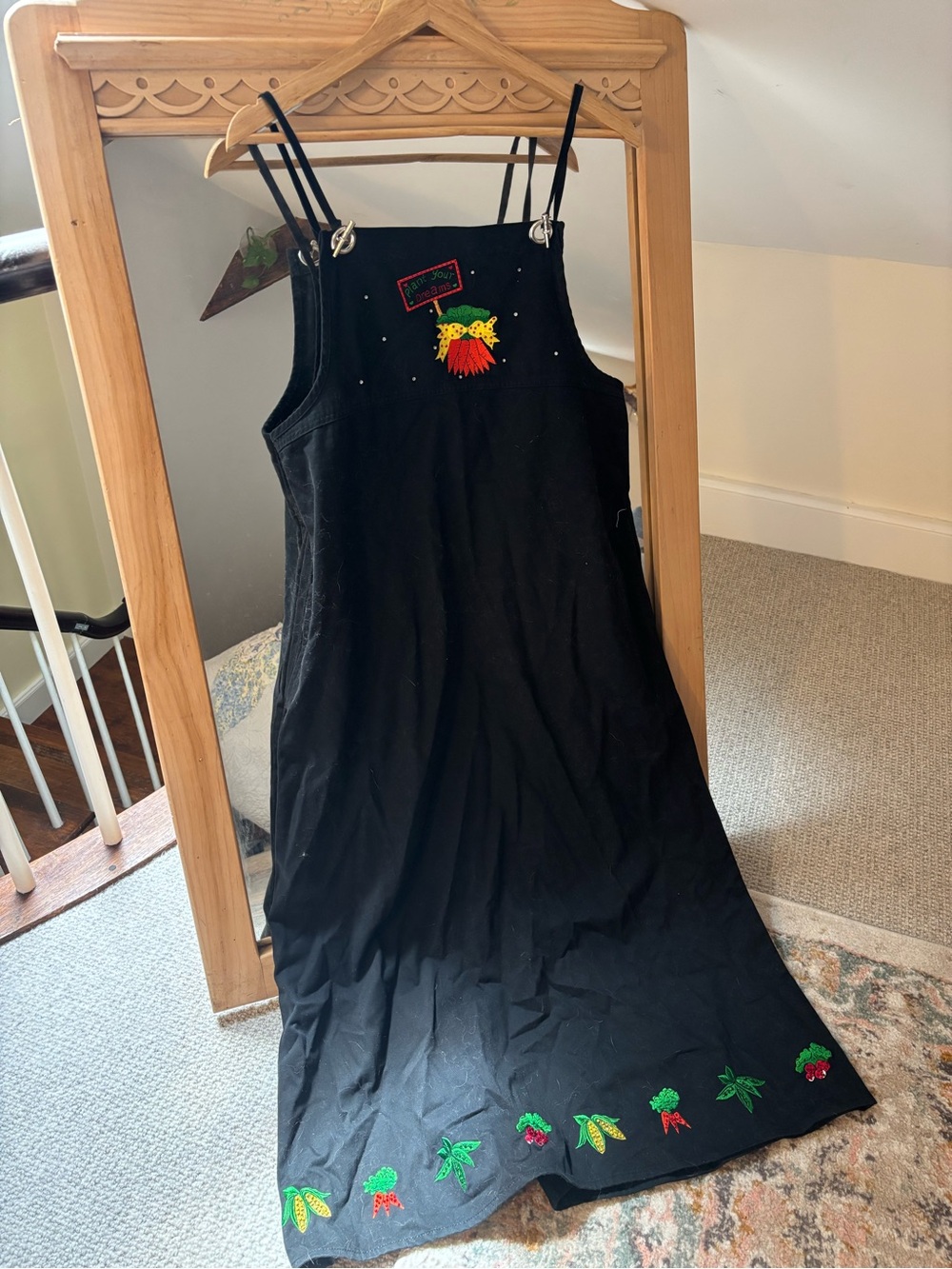 Black Embroidered Midi Dress with Fruit and Veggie Motif
